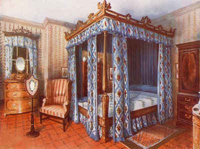 Ett Hepplewhite sovrum. Chintz-gardin inläggning av satängsäng. Infällt satinwood dressing kista och mahogny garderob av Edwin John Foley