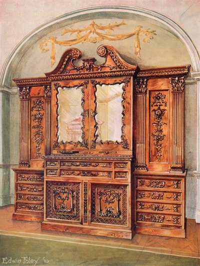 Snidad innesluten bokhylla i mahogny--stil av Chippendale--franskt inflytande av Edwin John Foley