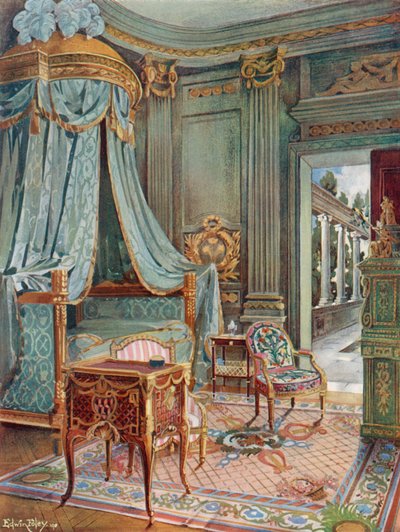 Snidad och förgylld draperad kupolsäng. Bureau-Toilette (eller Petit Secretaire) i Marqueterie. Cartonnier i grön lack av Edwin John Foley