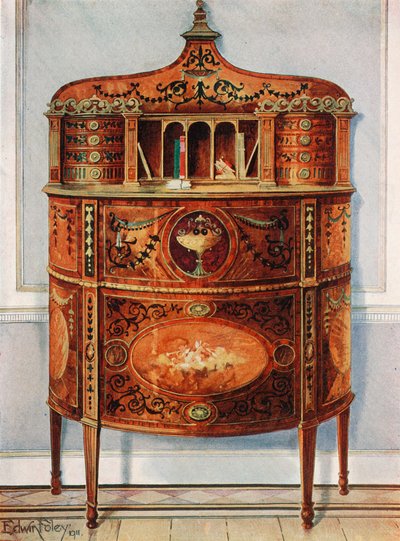 Inlagt och målat Satinwood Skrivbordsskåp, Ormolu-monterad av Edwin John Foley