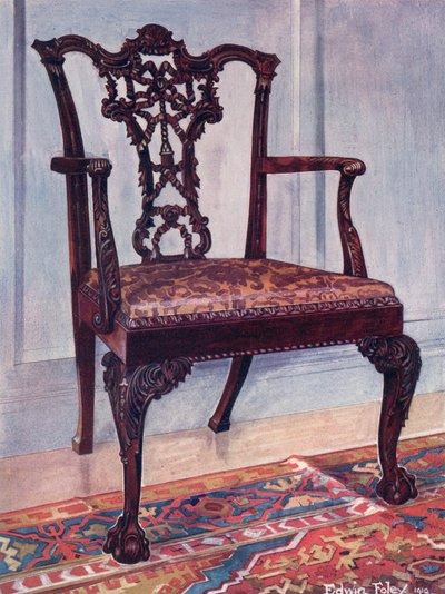 Fåtölj i mahogny--stil av Chippendale av Edwin John Foley