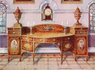 Målad och infälld skänk av satinträ. Klocka med fäste i mahogny av Edwin John Foley
