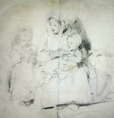 En mamma med två barn (penna på papper) av Edwin Landseer