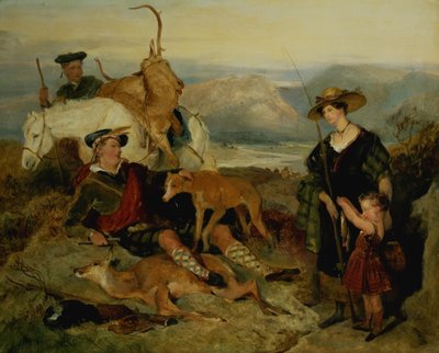 Deer stalking in the Highlands, visar hertiginnan av Bedford, hertigen av Gordon och Lord Alexander Russell (panel) av Edwin Landseer