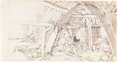 The Barn (penna och brunt bläck över grafit på två sammanfogade ark vävpapper) av Edwin Landseer