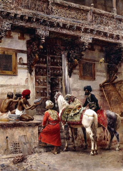 Hantverkare som säljer fodral vid en byggnad i teak, Ahmedabad, ca 1885 av Edwin Lord Weeks