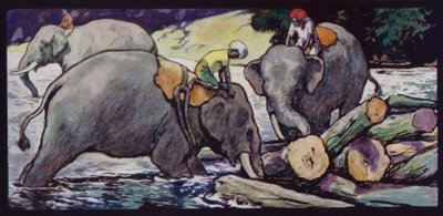 Elefanter som hanterar stockar i floden (färg litho) av Edwin Noble