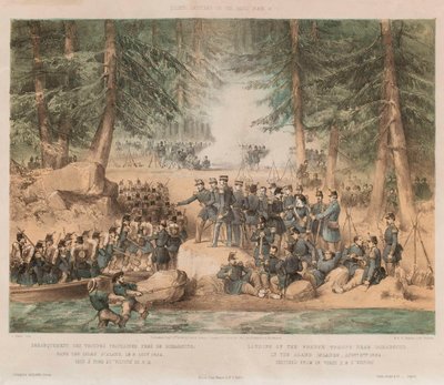 Landstigning av de franska trupperna nära Bomarsund på Åland, 8 augusti 1854 (litografi, tonad) av Edwin Thomas (after) Dolby