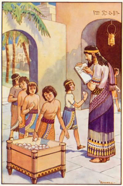I skolan i Babylon (färg litho) av Edwin Tryon Billings