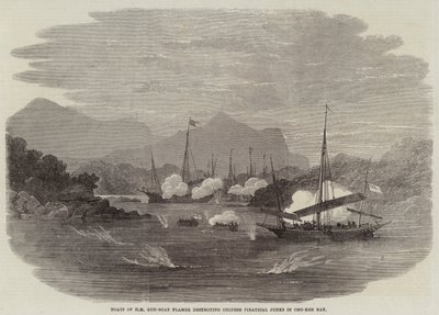 Båtar av HM Gun-Boat Flamer förstör kinesisk piratskräp i Cho-Kee Bay av Edwin Weedon