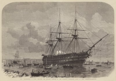 HMS Agamemnon, 91 Guns, fraktar den engelska delen av den atlantiska ubåtskabeln vid East Greenwich av Edwin Weedon