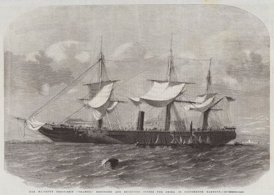 Hennes Majestäts trupp-fartygstransit, ombyggnad och mottagning av butiker för Kina i Portsmouth Harbor av Edwin Weedon
