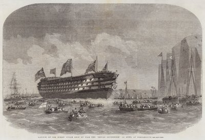 Sjösättning av HM Screw Steam Ship of War the Royal Sovereign, 131 kanoner, i Portsmouth av Edwin Weedon