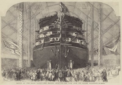Lansering av The Royal Albert, Hennes Majestät som tar emot vinet från skeppsmästaren av Edwin Weedon