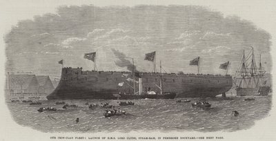Vår järnklädda flotta, lansering av HMS Lord Clyde, Steam-Ram, i Pembroke Dockyard av Edwin Weedon