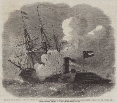 Inbördeskriget i Amerika, sjöstrid i Hampton Roads, konfederationens järnpläterade ångfartyg Merrimac (eller Virginia) som stöter på den federala sloopen Cumberland. av Edwin Weedon