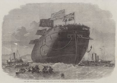 Den nya järnplåtsflottan, sjösättning av HMS Fregatt Royal Oak, 50 kanoner, vid Chatham Dockyard av Edwin Weedon