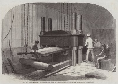 Den nya järnplåtsflottan, som binder pansarplåtar med hjälp av hydrauliskt tryck vid Chatham-varvet av Edwin Weedon