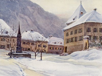 Rhen: Chur, Coire, Katedralens torg (färglitografi) av Effie Jardine