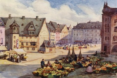 Rhen: Marknadsplatsen, Mainz, Mayence (färglitografi) av Effie Jardine