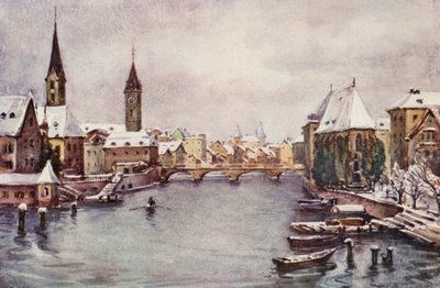 Rhen: Floden vid Zürich, vinter (färglitografi) av Effie Jardine