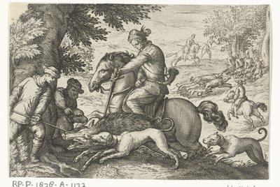 Kuperat landskap med vildsvinsjakt Jaktscener (serietitel) Ikoner Venantum Art Varias Representantes (serietitel) av Egbert Jansz.