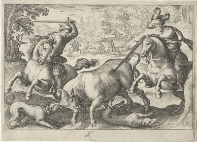 Landskap med tjurjakt Jaktscener (serietitel) Ikoner Venantum Art Varias Representantes (serietitel) av Egbert Jansz.