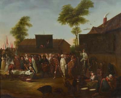 En bykarneval med figurer från Commedia dellArte av Egbert van the Elder Heemskerck