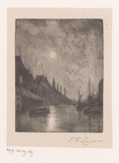 Flodutsikt i en stad på natten av Egide François Leemans (signed by artist)
