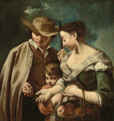 En fruktförsäljare och en ung pojke med en korg med persikor, päron och vindruvor i ett landskap med en man som håller i en pistol och ett mynt, ca 1705-84 (olja på duk) av Egidio (attr.to) Dall