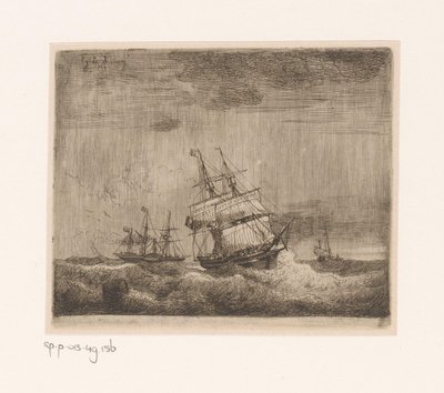 Segelfartyg och en hjulångare till havs av Egidius Linnig