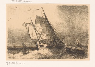 Segelfartyg och en roddbåt på ett oroligt hav av Egidius Linnig