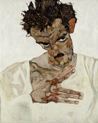 Självporträtt med sänkt huvud. Målning av Egon Schiele (1890-1918), olja på trä av Egon Schiele
