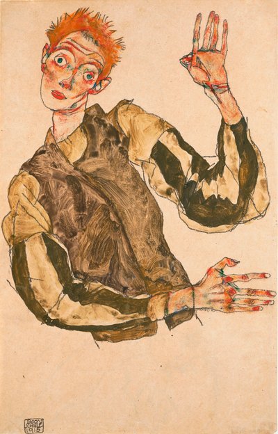 Självporträtt med randiga ärmar - Verk av Egon Schiele (1890-1918), gouache på papper av Egon Schiele