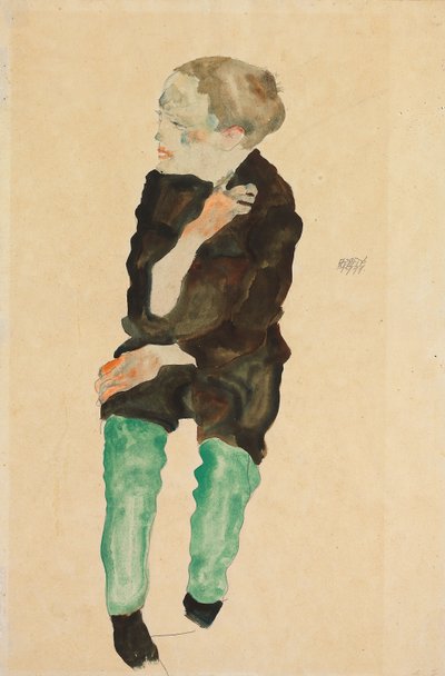 Pojke med gröna strumpor; Bub mit grunen Strumpfen, 1911 av Egon Schiele