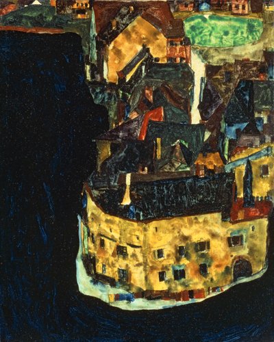 City on the Blue River II ... (olja och gouache på trä) av Egon Schiele