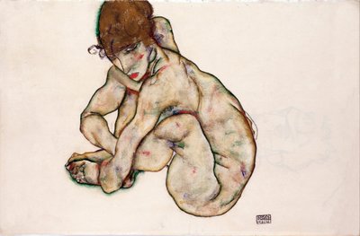 Hukande naken flicka - Schiele, Egon (1890-1918) - 1914 - Svart krita, Gouache på papper - 31,5x48,2 - Leopold Museum, Wien av Egon Schiele
