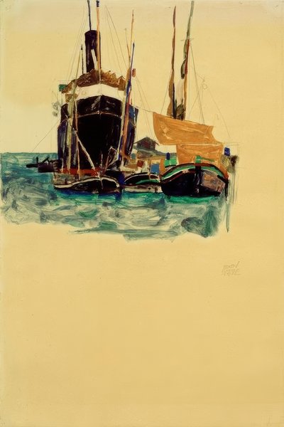 Ångare och segelbåtar i hamnen i Trieste av Egon Schiele