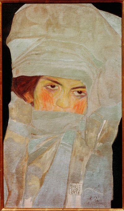 Konstnärens syster, Melanie, med silverfärgade halsdukar ... av Egon Schiele