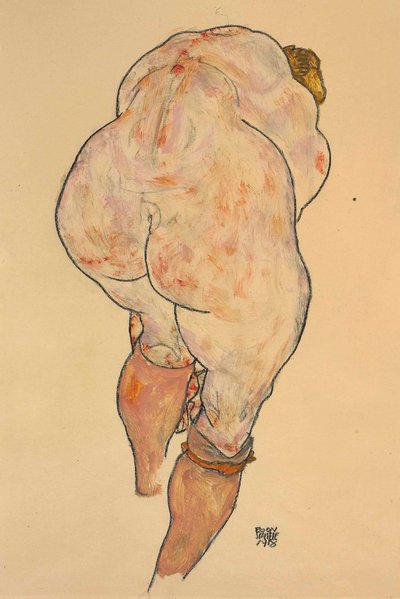 Naken kvinna drar upp strumpor, bakifrån, 1918. av Egon Schiele