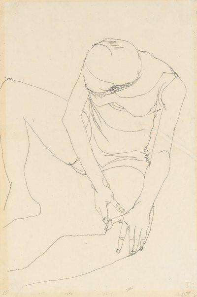 Naken kvinna böjd framåt, båda händerna på vänster lår, 1913 av Egon Schiele