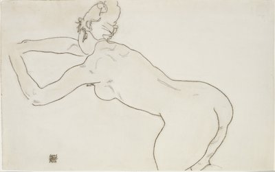 Naken kvinna som knäböjer och böjer sig framåt till vänster, 1918 av Egon Schiele