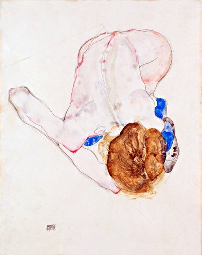 Naken kvinna i blå strumpor, framåtlutad - Gouache på papper av Egon Schiele (1890-1918) av Egon Schiele