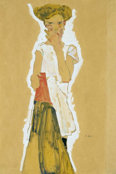 ""Standing Girl in White Petticoat"" (Standing Girl in White Petticoat) Gouache på papper av Egon Schiele (1890-1918) - 1911 Dim 55x37 cm Museum of Modern Art, New York av Egon Schiele