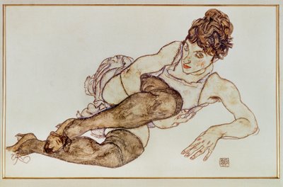Kvinna med bruna strumpor - Kvinna ... (gouache och svart krita) av Egon Schiele