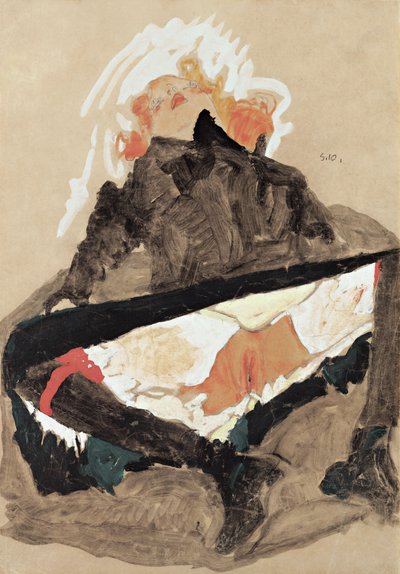 Flicka i svart klänning med spridda ben, 1910 av Egon Schiele
