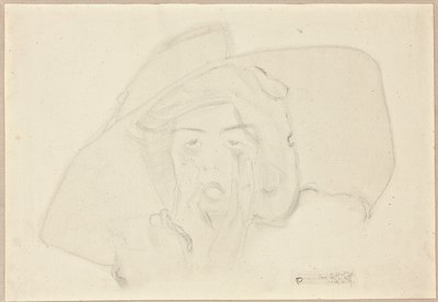 Huvudet av en ropande ung kvinna med stor hatt, hakan stödd av händer av Egon Schiele