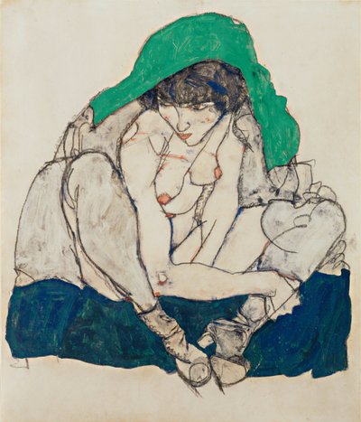 Hukande kvinna med grön huvudduk av Egon Schiele