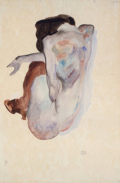 Hukande handling med skor och svarta strumpor, bakifrån. 1912 av Egon Schiele