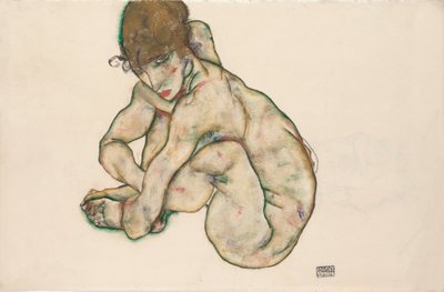 Hukande nakenflicka av Egon Schiele